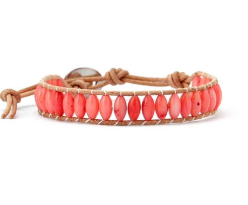Natural Rice Shape Coral Stone Leather Bracelet