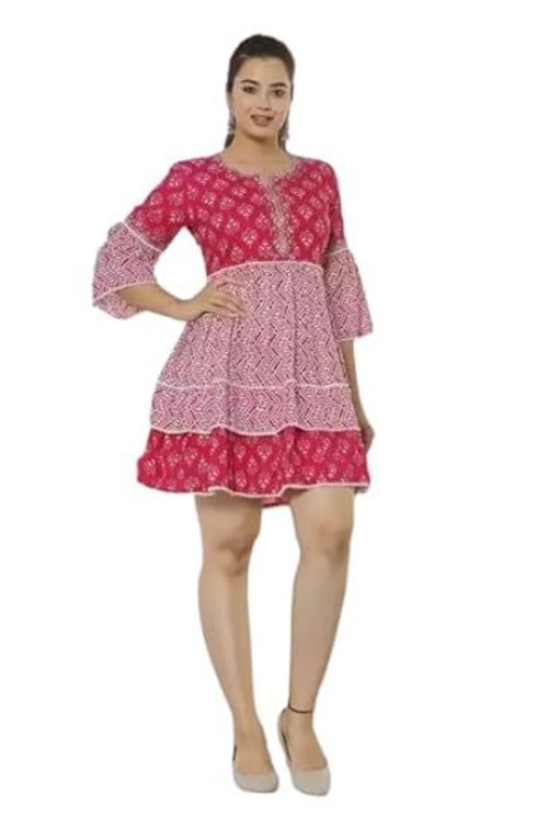 Women's Viscose Rayon 3/4 Sleeves Round Neck Printed Short Anarkali