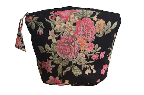 Black Canvas Floral Print Ladies And Girls Cosmetic Pouch And Travel