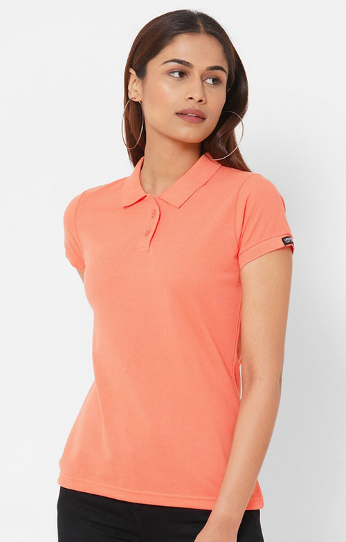 Women Solid Polo Collar T-shirt (ColorPeach) (Size L)