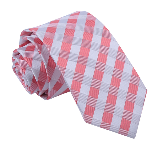 Gingham Check Slim Tie - Coral