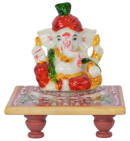 Pagdi Ganesh & White Marble Chowki With Meenakari Work Multicolour 4×4