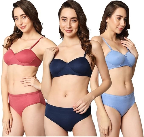 Women's Cotton Half Cup Padded Non-Wired Lingerie Set Bra Panty Set