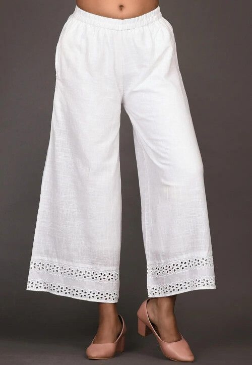 Embroidered Cotton Slub Palazzo in White (Size-34) (Color-WHITE)