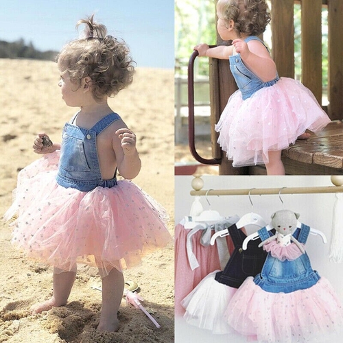 Fashion Kids Girl Summer Denim Tulle Patchwork
