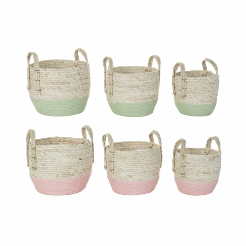 Basket set DKD Home Decor Natural Pink Green Natural Fibre 30 x 30 x