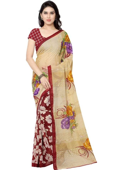 Printed Faux Georgette Red Color Saree