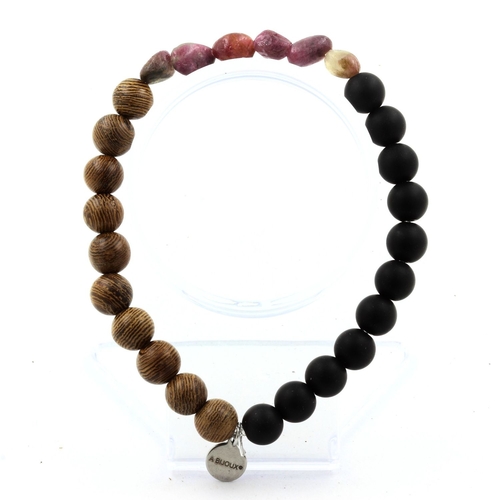 Rubellite Tourmaline + Matte black Onyx + wood Bracelet 8 mm Beads.