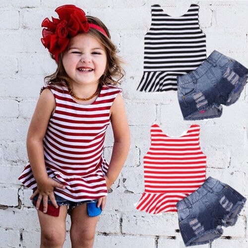 2Pcs Toddler Baby Kids Girls Outfits Summer Stripe