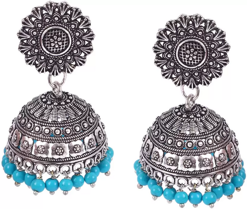 Oxidised Silver plated turquoise beaded jhumka Jhumki Afghani Earrings