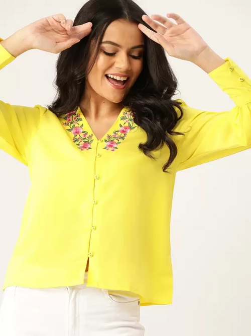 Casual Bishop Sleeve Floral Print Women Yellow Top (Size L)