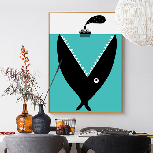 Modern Simple Nordic Cartoon Fish Boat Sea Shark