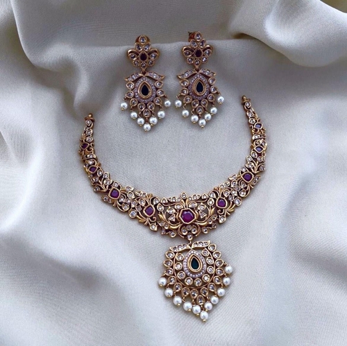 Gold plated cz matte finish necklace set Shining Drop Pearl