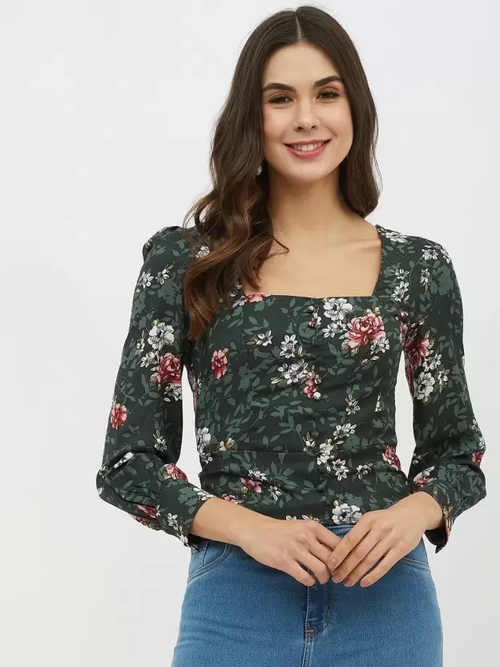 Casual Regular Sleeves Printed Women Green Top (Size XL)