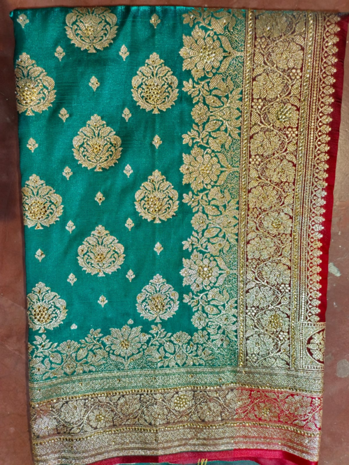 Wome's Nylon Zari Work And Stone Work Saree Green