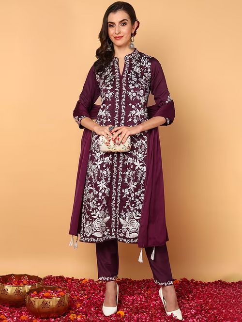 Women Purple Kurta Pant Set With Dupatta (Size-L) (Color-Maroon)