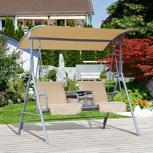 Outsunny Double Swing Chair 2 Person Covered Storage Table Beige
