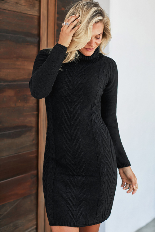 Black Hand Knitted High Neck Sweater Dress