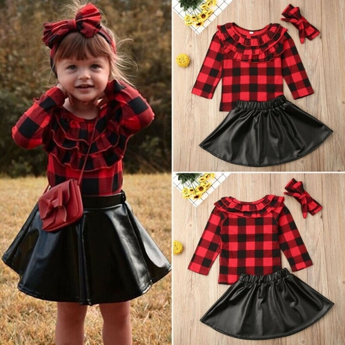 3PCS Kids Baby Girls Outfits Plaid T Shirt Tops+PU