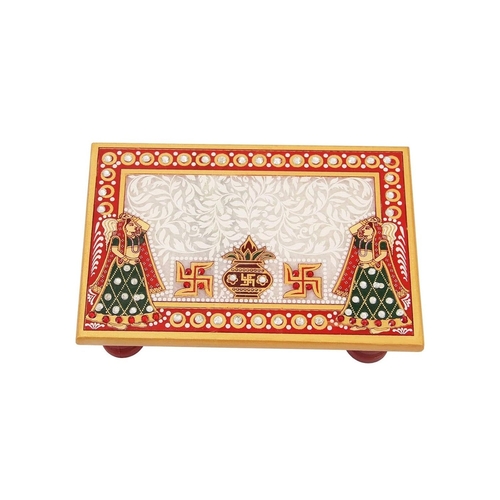 Kalash & Swastik Design Rectangle Shape Marble Pooja Chowki