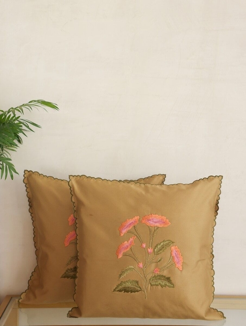 Brown Cotton Embroidered Cushion Cover (Size 16 x 16 Inch)