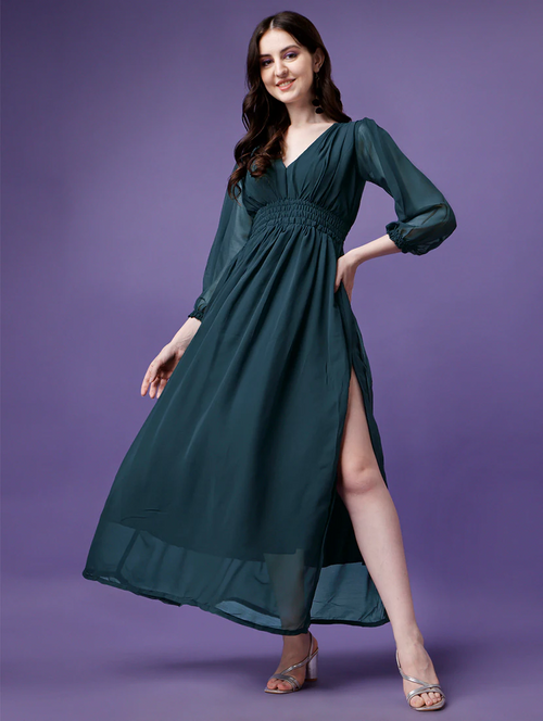 Women Fit and Flare Green Dress (Size XL)