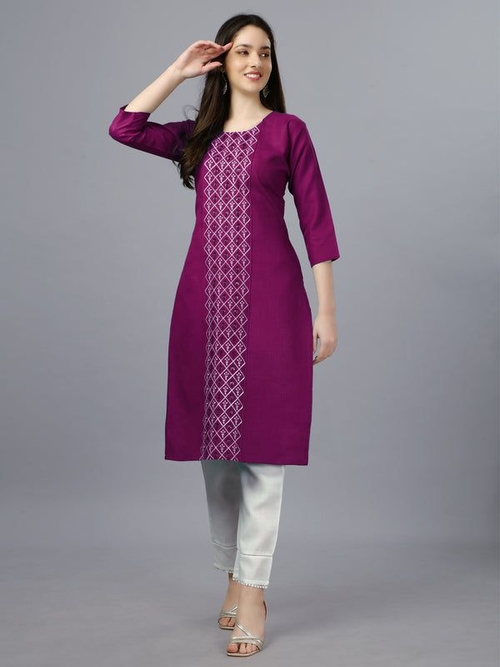 Women Embroidered Cotton Blend Formal Straight Kurti (Size-36)