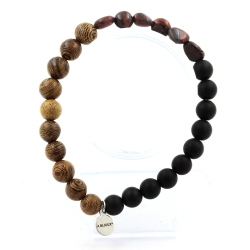 Red tiger's eye + Matte black Onyx + wood Bracelet 8 mm Beads.