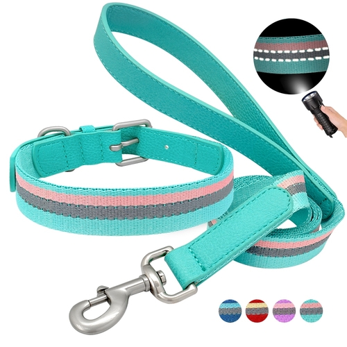 Reflective Dog Collar and Leash Set Leather
