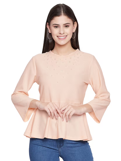 Women'S Peplum Round Neck Top (Size-M) (Color-Peach)