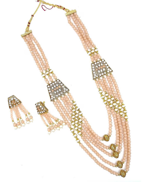 Multi-Layered Pearl-Beaded Necklace & Earrings Set Peach Round Stone