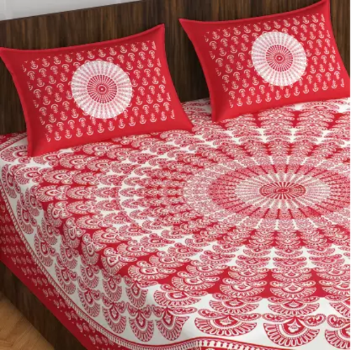 144 TC Cotton Double Jaipuri Prints Flat Bedsheet  (Pack of 1, Red,