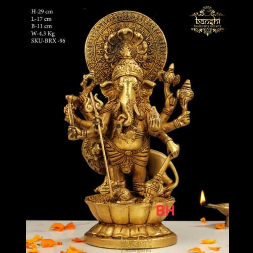 12" BRASS LION GANESH STANDING WITH TRISHUL