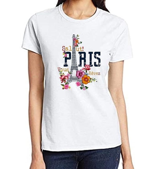 ROUND NECK HALF SLEEVES "SALUTE PARIS" PRINTED TSHIRT FOR WOMEN