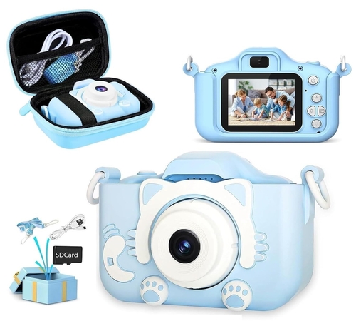 Kids Camera with Camera Case for Kids Aged 4-12 Yrs Cat Blue +Big Blue