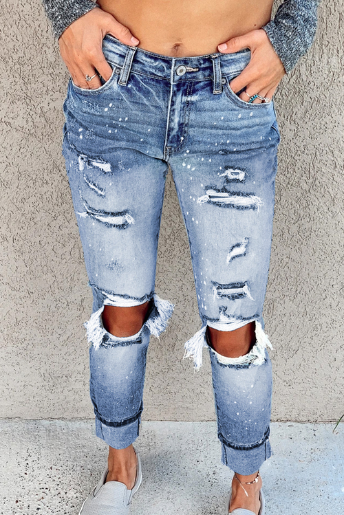 Light Blue Ripped Straight Leg Jeans