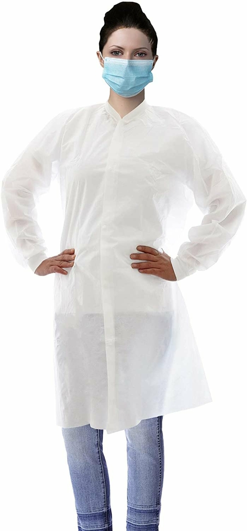 Lab Coat Disposable. Pack of 10 White Surgical Gowns Medium. 60 gm/m2