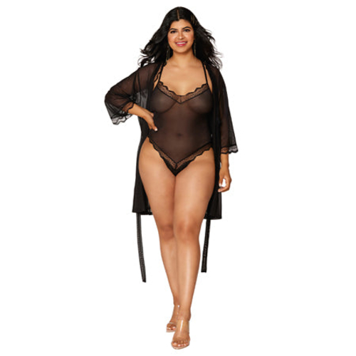 Dreamgirl Mesh Robe & Strappy Back Teddy With Lace Trim Black 2XL