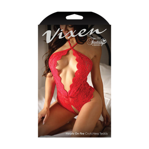 Fantasy Lingerie Vixen Hearts On Fire Crotchless Lace Teddy with Open