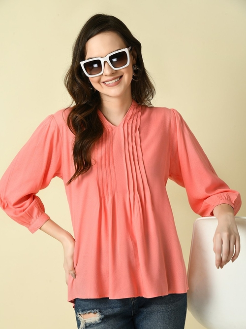 Women Mandarin Neck Rayon Top (Color Peach) (Size L)