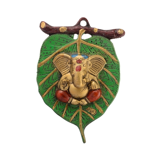 Metal Golden Lord Ganesha in Red Dhoti On Green Leaf 