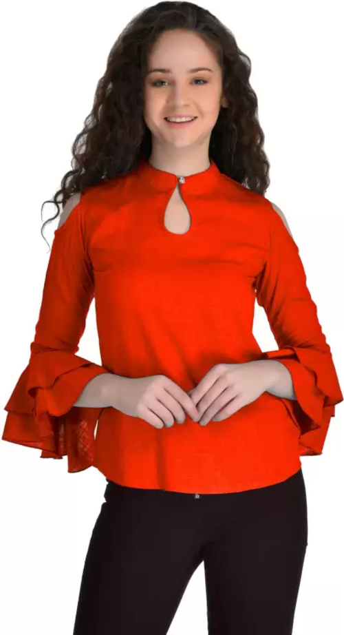 Casual Cold Shoulder Sleeves Solid Women Top (Size-S) RED)