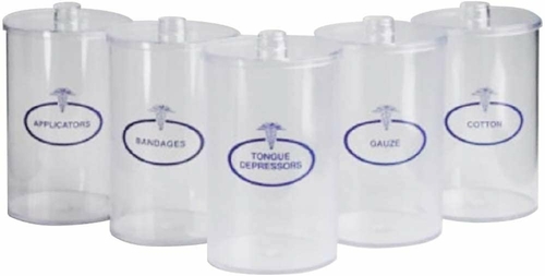 Dukal Pack of 5 Plastic Sundry Jars 6 1/2” x 4”. Clear Blue Imprint