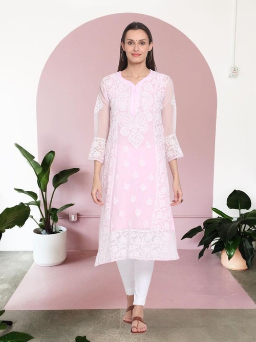 Chikankari Kota Cotton Slim straight Kurta with Matching Slip (Size-M)