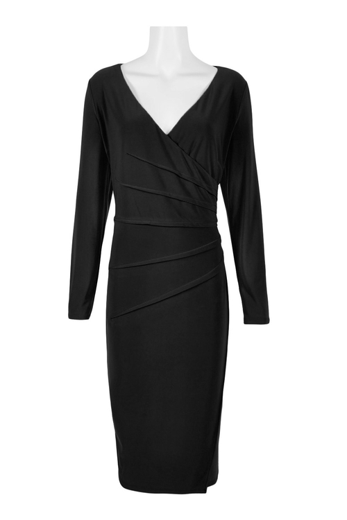 London Times V-Neck Long Sleeve Pleated Solid Jersey Dress