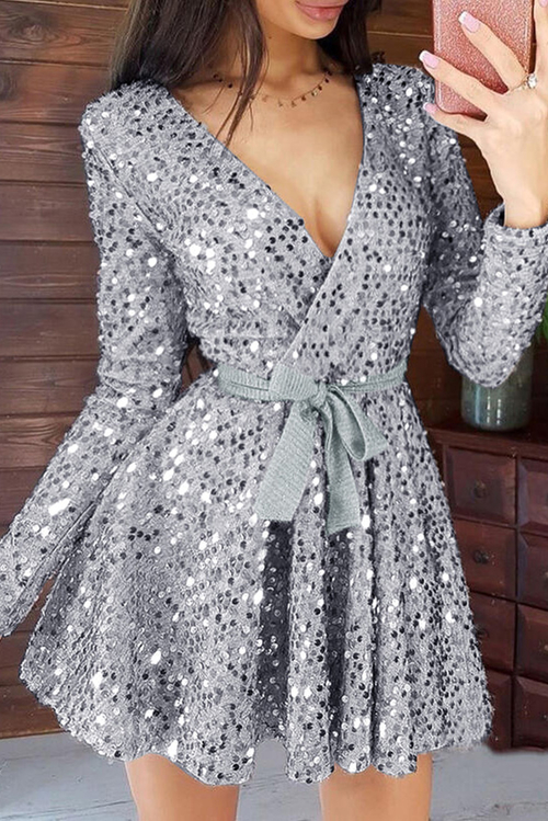 Gray Sequin Deep V Long Sleeve Evening Dress with Waist Tie
