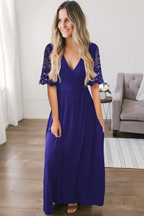 Dark Blue Floral Lace Half Sleeve Wrap V Neck Party Long Maxi Dress