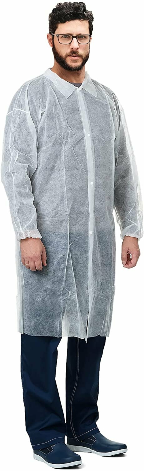 Disposable Lab Coats. Pack of 10 White Polypropylene Labcoats Large,