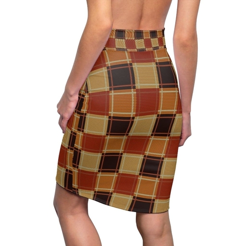 Womens Pencil Skirt - High Waist Stretch - Checker Brown