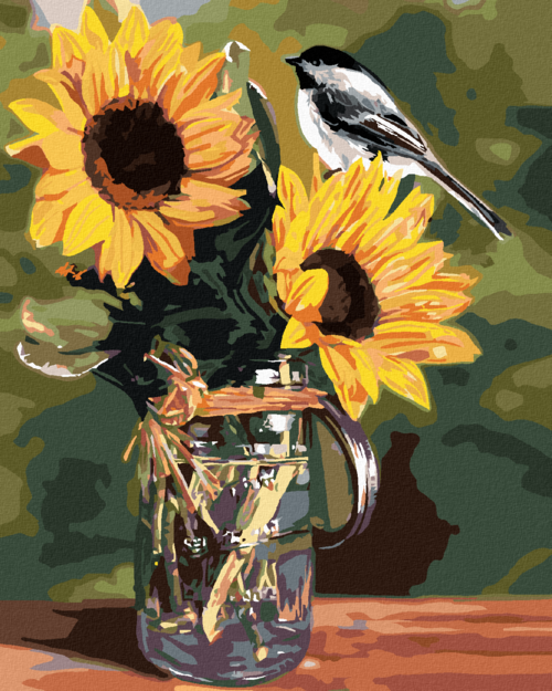 Zuty - Paint by Numbers â€“ CHICKADEE AND SUNFLOWERS IN A JUG